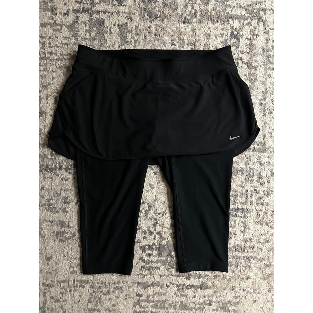 Nike Dri-FIT Women Black Running Skapris Skirted Capri Leggings Large